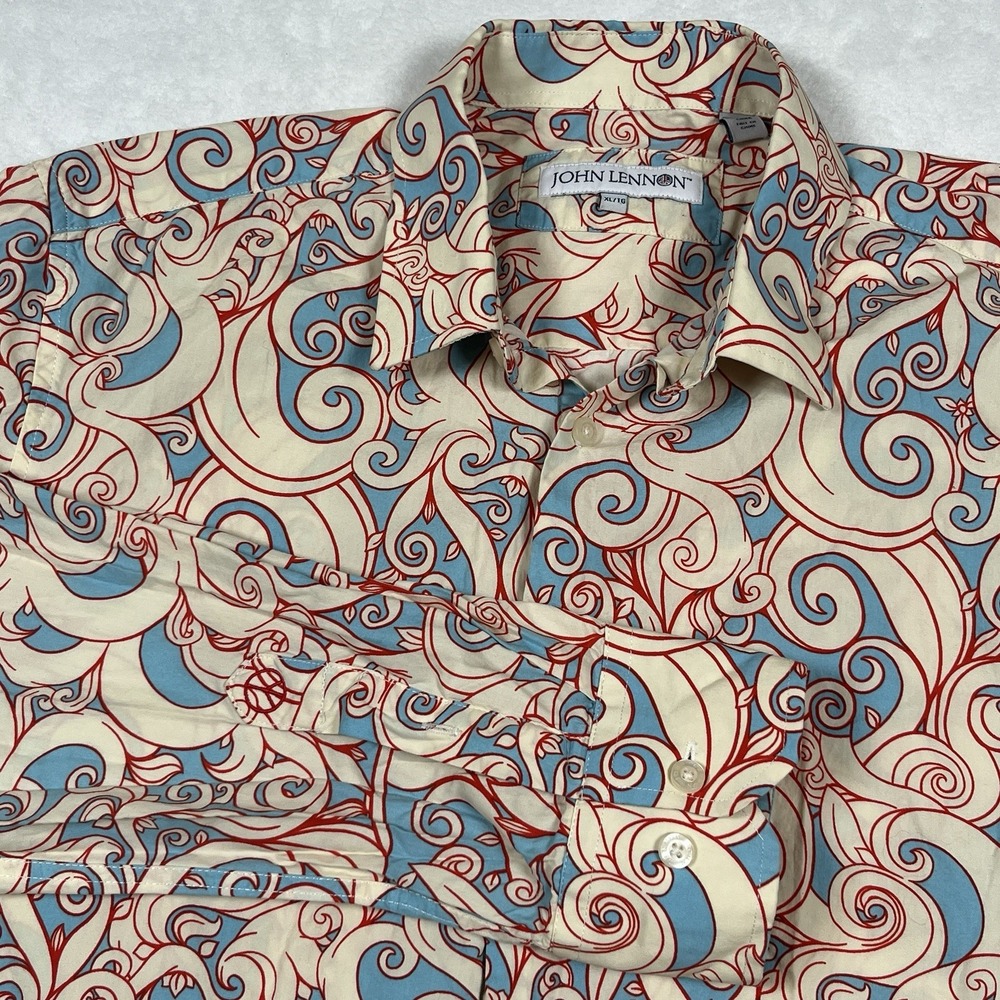 John Lennon Mens XL Psychedelic Paisley Vines Floral Long Sleeve Button Up